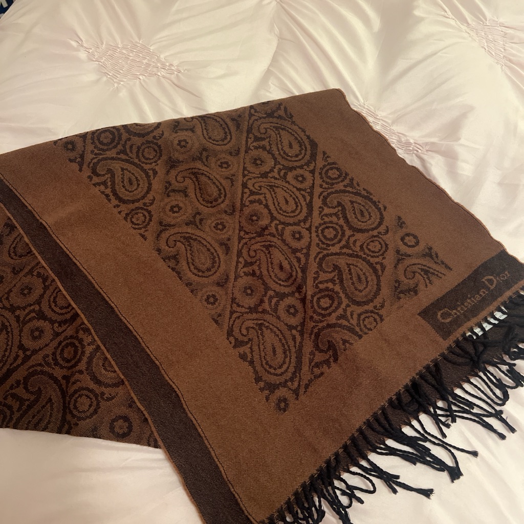 Christian Dior 100% Marinowool Scarf Brown With Paisley Design